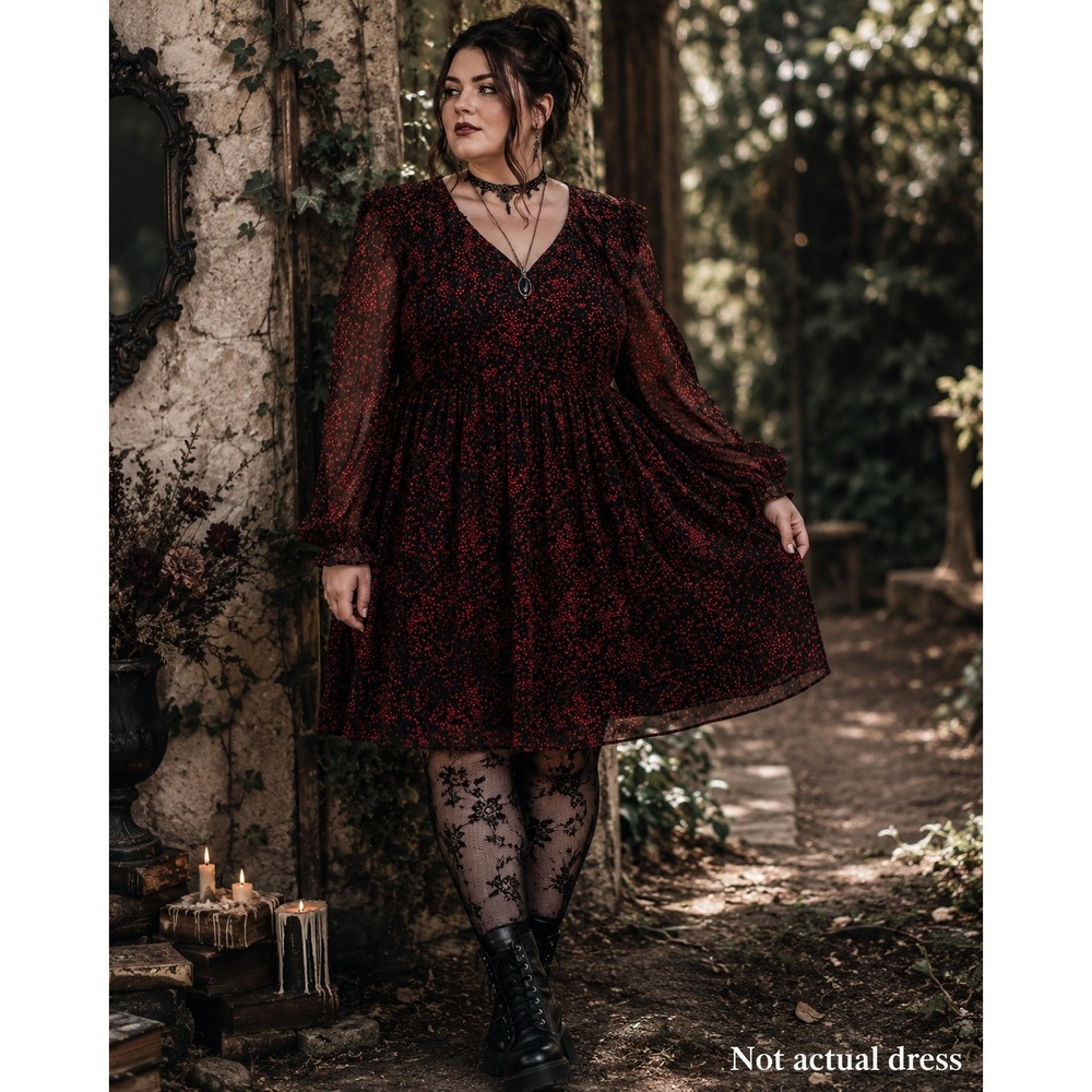 Womens Whimsigoth Vamp Witchy Chiffon Midi Dress XXL Ruffle Sheer Dark Romance